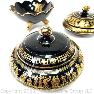 Five (5) Black, Made in Greece 24K Gold Decorated Decorative Pieces