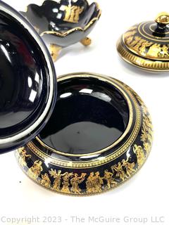 Five (5) Black, Made in Greece 24K Gold Decorated Decorative Pieces