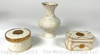 Set of Three (3) Small Lenox Decorative Items Including Lidded Trinket Boxes and Vase.