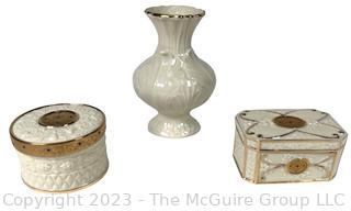 Set of Three (3) Small Lenox Decorative Items Including Lidded Trinket Boxes and Vase.