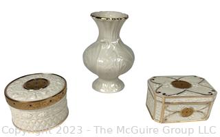 Set of Three (3) Small Lenox Decorative Items Including Lidded Trinket Boxes and Vase.