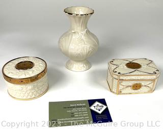 Set of Three (3) Small Lenox Decorative Items Including Lidded Trinket Boxes and Vase.