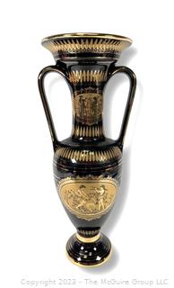 Black, Made in Greece 24K Gold Decorated Urn Style Vase. 4.5 x 17"