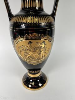 Black, Made in Greece 24K Gold Decorated Urn Style Vase. 4.5 x 17"