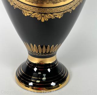 Black, Made in Greece 24K Gold Decorated Urn Style Vase. 4.5 x 17"