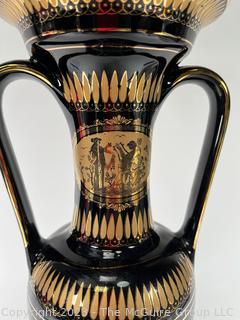 Black, Made in Greece 24K Gold Decorated Urn Style Vase. 4.5 x 17"