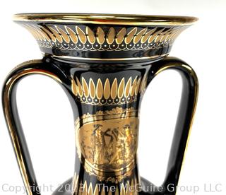 Black, Made in Greece 24K Gold Decorated Urn Style Vase. 4.5 x 17"