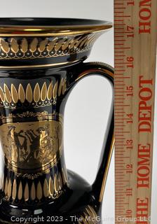 Black, Made in Greece 24K Gold Decorated Urn Style Vase. 4.5 x 17"