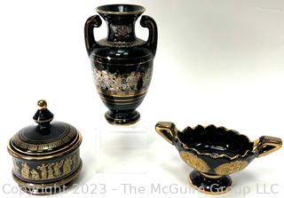 Three (3) Black, Made in Greece 24K Gold Decorative Pieces. Tallest is 9"