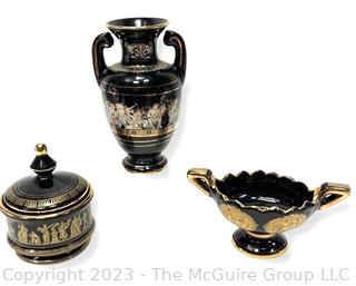 Three (3) Black, Made in Greece 24K Gold Decorative Pieces. Tallest is 9"