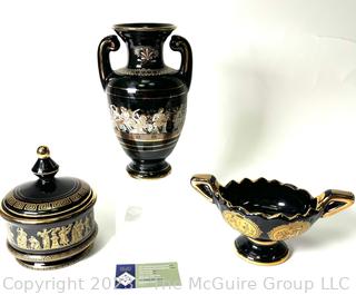 Three (3) Black, Made in Greece 24K Gold Decorative Pieces. Tallest is 9"