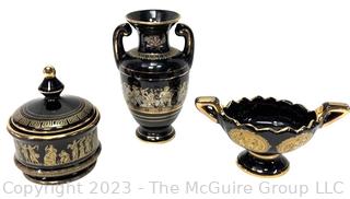 Three (3) Black, Made in Greece 24K Gold Decorative Pieces. Tallest is 9"