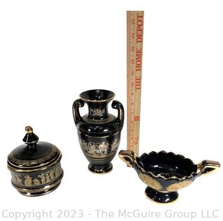 Three (3) Black, Made in Greece 24K Gold Decorative Pieces. Tallest is 9"