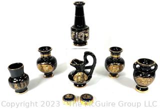 Group of Black, Made in Greece 24K Gold Decorated Trinket Boxes and Vases. 