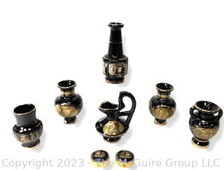 Group of Black, Made in Greece 24K Gold Decorated Trinket Boxes and Vases. 