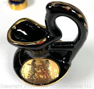 Group of Black, Made in Greece 24K Gold Decorated Trinket Boxes and Vases. 