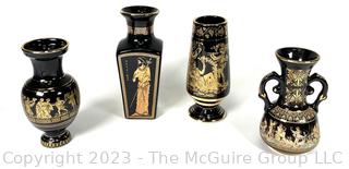 Four (4) Black, Made in Greece 24K Gold Decorated Vases. Tallest is about 7.5"