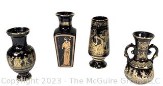 Four (4) Black, Made in Greece 24K Gold Decorated Vases. Tallest is about 7.5"