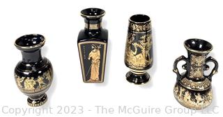 Four (4) Black, Made in Greece 24K Gold Decorated Vases. Tallest is about 7.5"