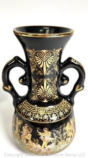 Four (4) Black, Made in Greece 24K Gold Decorated Vases. Tallest is about 7.5"