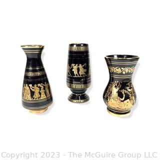 Three (3) Black, Made in Greece 24K Gold Decorated Vases.