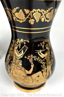 Three (3) Black, Made in Greece 24K Gold Decorated Vases.