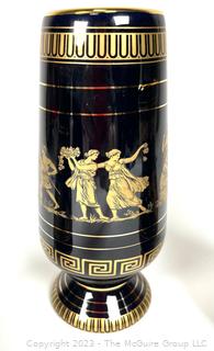 Three (3) Black, Made in Greece 24K Gold Decorated Vases.