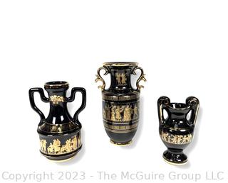 Three (3) Black, Made in Greece 24K Gold Decorated Vases. Tallest is around 9.5"