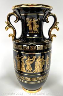 Three (3) Black, Made in Greece 24K Gold Decorated Vases. Tallest is around 9.5"