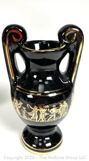 Three (3) Black, Made in Greece 24K Gold Decorated Vases. Tallest is around 9.5"