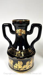 Three (3) Black, Made in Greece 24K Gold Decorated Vases. Tallest is around 9.5"