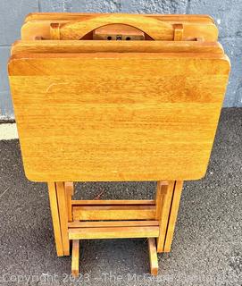 Set of Four (4) Wood TV Dinner Folding Trays with Storage Rack 