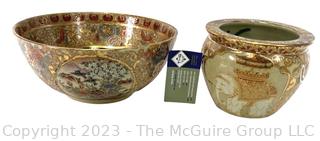 Two (2) Royal Satsuma Hand Painted Porcelain Items Including Decorative Bowl and Koi Fish Bowl Planter.