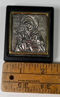 Copy Of Old Byzantine Icon of Madonna in 950 Sterling Silver. 2.5" square.