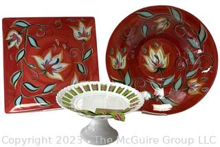 Three (3) Porcelain Southern Living Serving Pieces Including Gail Pittman Bountiful Flowers Bowl and Platter and Dress Me Up Cake Plate 