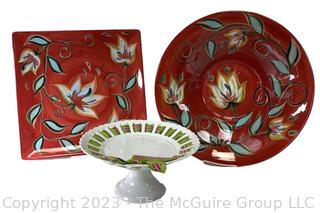 Three (3) Porcelain Southern Living Serving Pieces Including Gail Pittman Bountiful Flowers Bowl and Platter and Dress Me Up Cake Plate 