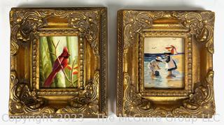 Two (2) Gilt Framed Original Hand Painted Oil on Canvas Paintings of Beach Scene and Robin Bird.  6" X 7"