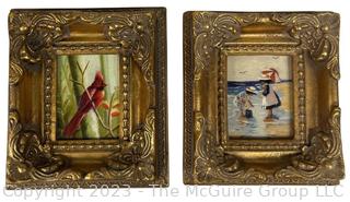 Two (2) Gilt Framed Original Hand Painted Oil on Canvas Paintings of Beach Scene and Robin Bird.  6" X 7"