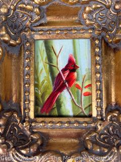 Two (2) Gilt Framed Original Hand Painted Oil on Canvas Paintings of Beach Scene and Robin Bird.  6" X 7"