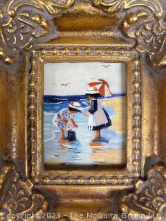 Two (2) Gilt Framed Original Hand Painted Oil on Canvas Paintings of Beach Scene and Robin Bird.  6" X 7"