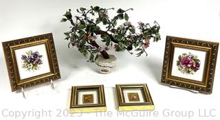 Stone "Jade" Tree with Four (4) Gilt Framed Art Miniatures