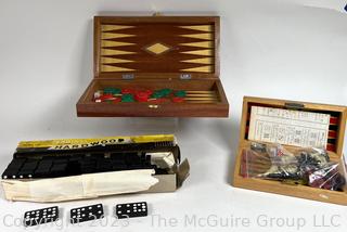 Vintage Cardinal Globe Hardwood Dominoes Double Nine in original box. No. 554. Two (2) Backgammon boards. One of the boards has Chess board On outside and Backgammon board on the inside.