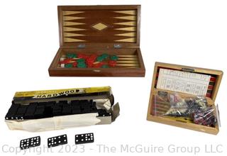 Vintage Cardinal Globe Hardwood Dominoes Double Nine in original box. No. 554. Two (2) Backgammon boards. One of the boards has Chess board On outside and Backgammon board on the inside.