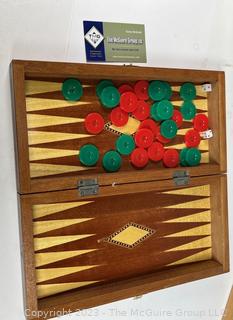 Vintage Cardinal Globe Hardwood Dominoes Double Nine in original box. No. 554. Two (2) Backgammon boards. One of the boards has Chess board On outside and Backgammon board on the inside.