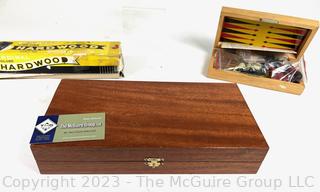 Vintage Cardinal Globe Hardwood Dominoes Double Nine in original box. No. 554. Two (2) Backgammon boards. One of the boards has Chess board On outside and Backgammon board on the inside.