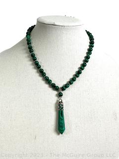 Malachite Bead Necklace with Faceted Drop Pendant and Sterling Silver Findings.  18"