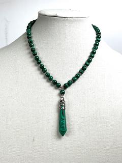 Malachite Bead Necklace with Faceted Drop Pendant and Sterling Silver Findings.  18"