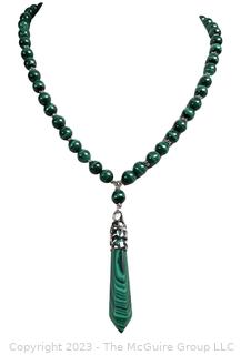 Malachite Bead Necklace with Faceted Drop Pendant and Sterling Silver Findings.  18"