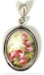 Hand Painted Glazed Porcelain Pendant in Sterling Silver Surround.  