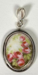 Hand Painted Glazed Porcelain Pendant in Sterling Silver Surround.  